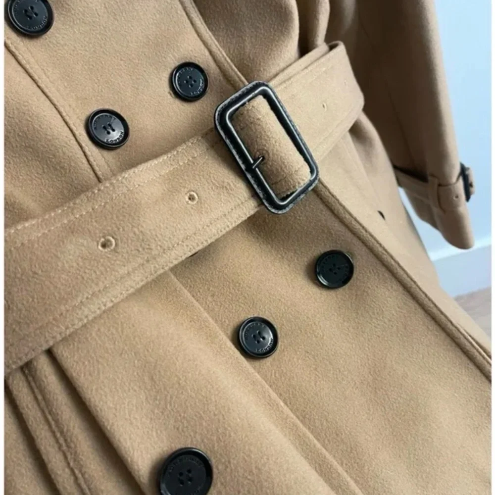 Burberry London Size US 8 Littleton Wool Cashmere Peplum Short Trench, Camel - Picture 2 of 15